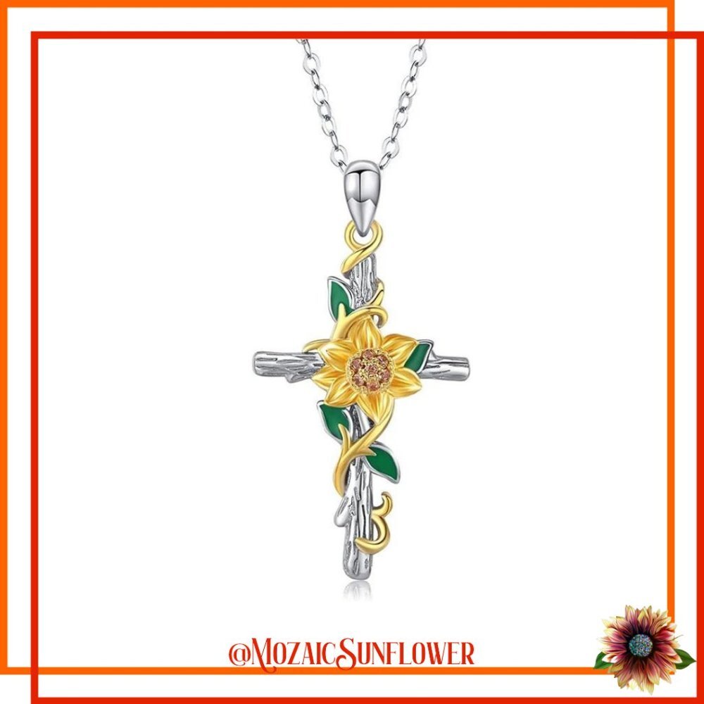 NEW Silver Cross With Sunflower & Amber Crystal Center Necklace